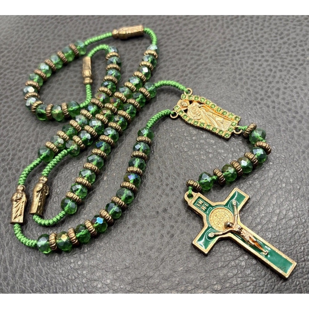 Vintage Rosary AB Crystal Beads Enamel Crucifix Green Rhinestone Gold Tone 25"